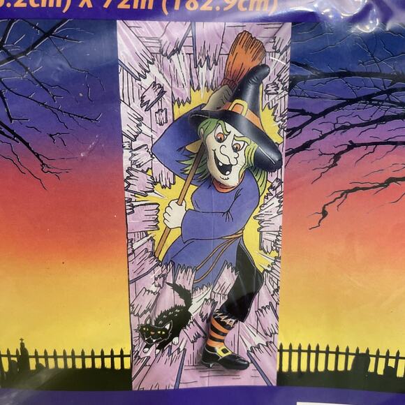 Vintage Halloween Crashing Witch 3-D Vinyl Inflatable Door Cover 30"X 72" - Picture 2 of 6